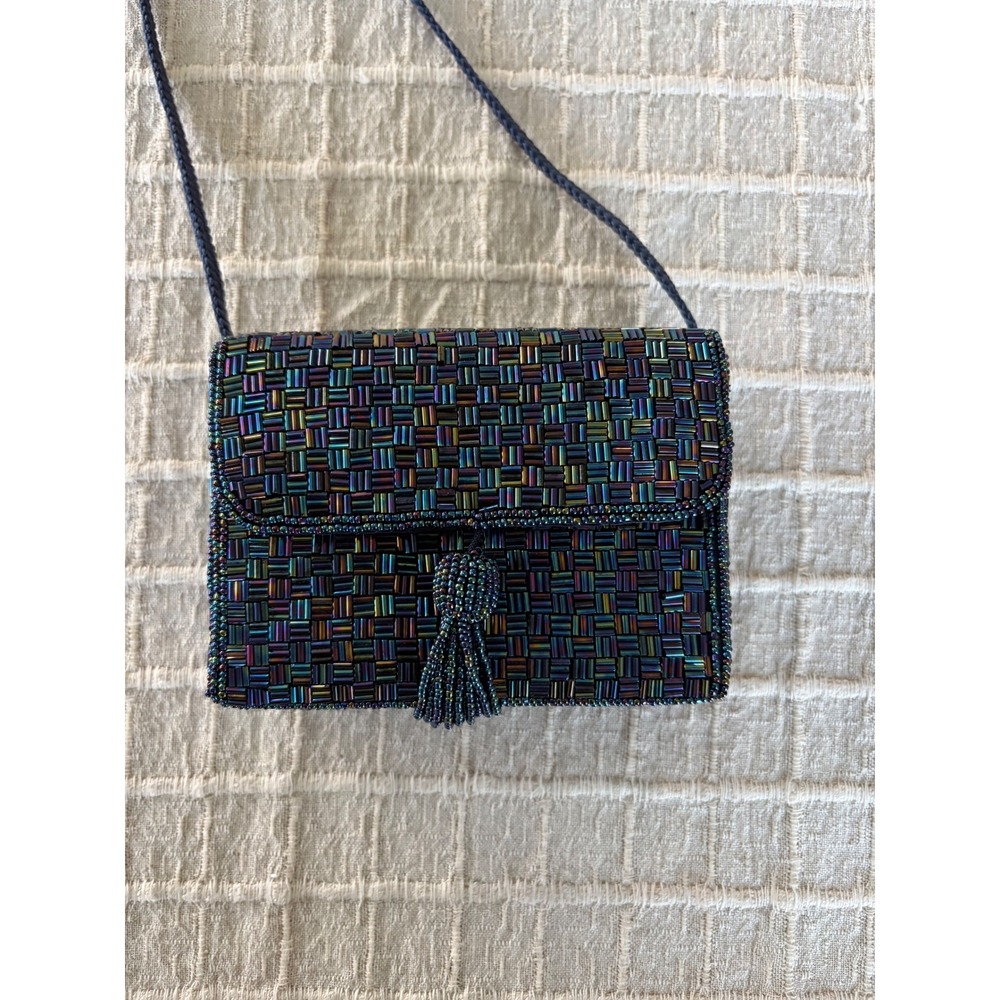 Vintage Iridescent Beaded Crossbody Bag Tassel Evening Clutch Blue Purple Green